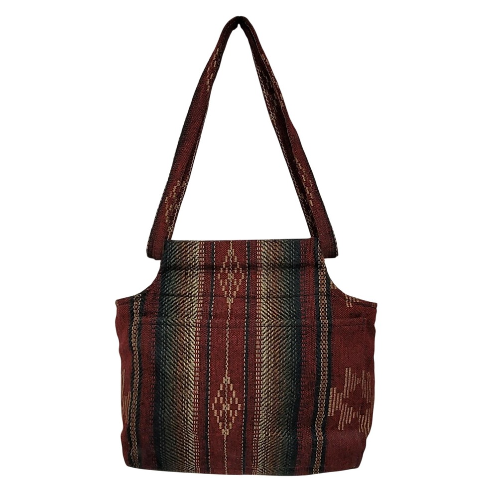 Southwestern Woven Tapestry Shoulder Bag Red Geometric Tote with‎ Wood Accents